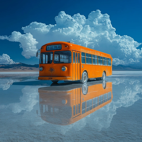 盐湖巴士倒影蓝天白云