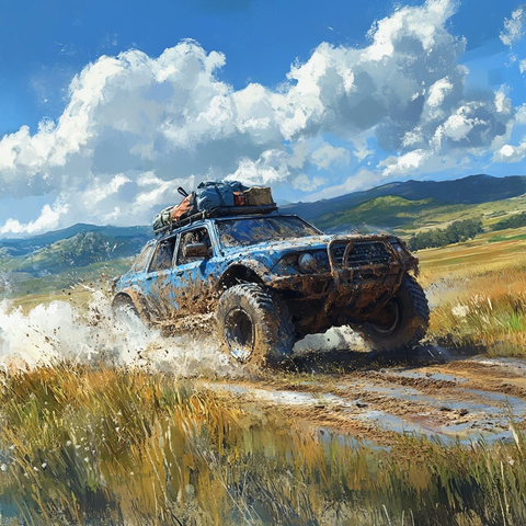 越野车驶过绿野尘土飞扬