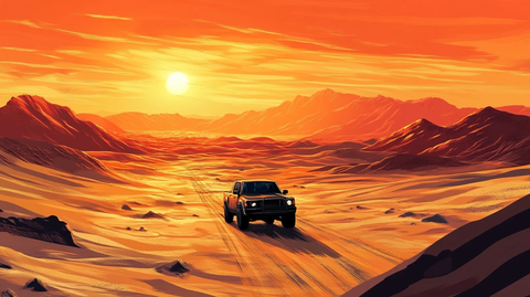 汽车沙漠行驶山影夕阳