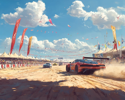 沙滩赛车场与飘扬旗帜