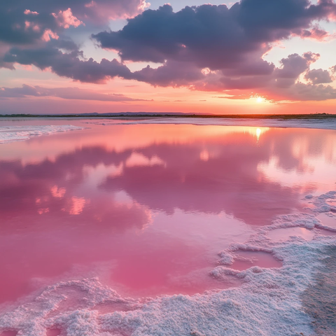 粉色湖水与晚霞交映