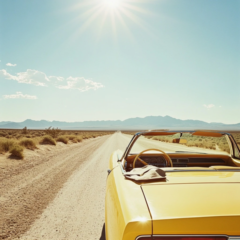 阳光下沙漠中的黄色敞篷车