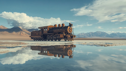 锈迹斑斑的火车与盐湖倒影