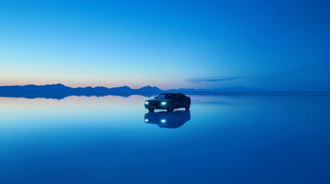 盐湖水面汽车倒影