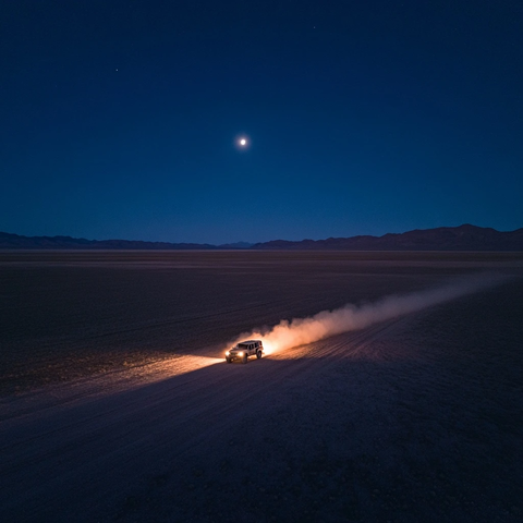 越野车远去干湖床尘土飞扬