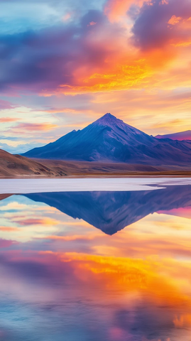 盐湖镜面反射火山景观