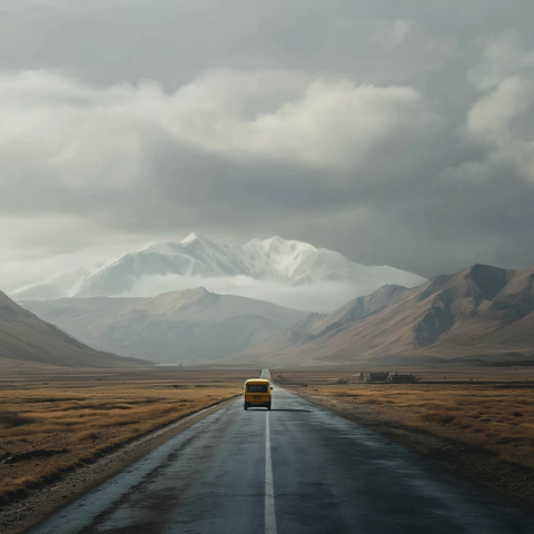 黄色小车驶向远山雾景