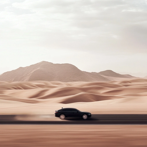 沙漠公路上的黑色汽车