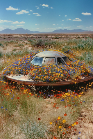 废弃飞碟与野生花朵