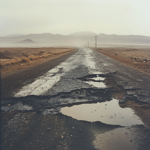 破损道路与尘土雨水的交织