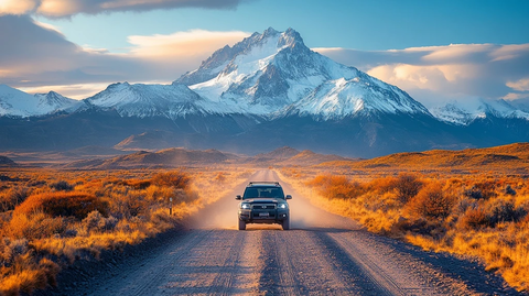越野车驶向镜头远山背景