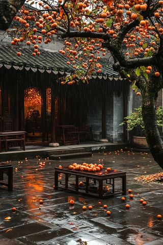 秋雨落柿庭院