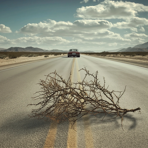 沙漠公路汽车驶向荆棘