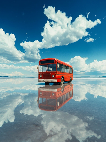 红色无人巴士盐湖倒影