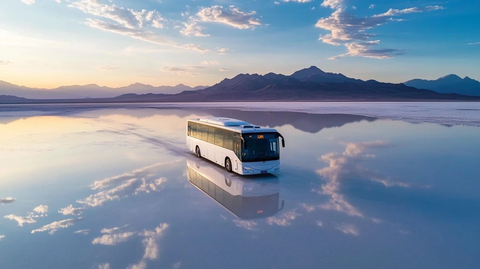 盐湖上行驶的白色巴士