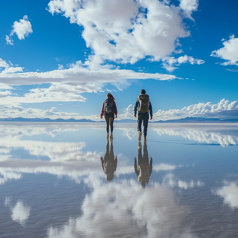 旅客水中行走倒影清晰