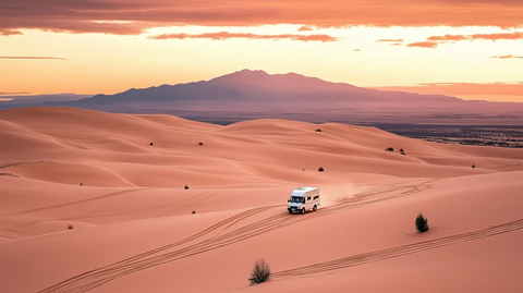 沙漠日落中的自驾旅行