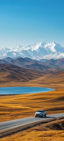 汽车行驶草地湖畔远山