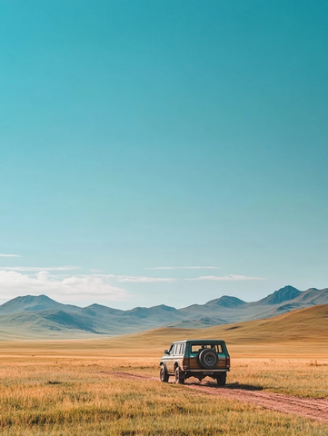 越野车草原山脉蓝天