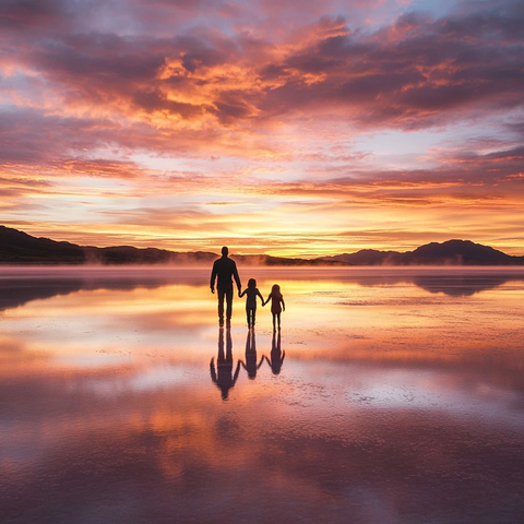 家人牵手漫步粉色盐湖