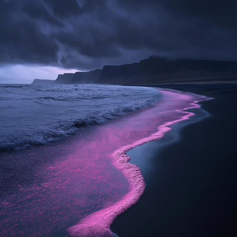 粉红火山泥流下黑沙滩