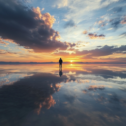 湖面倒影与男子眺望