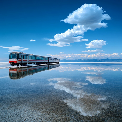 盐湖火车倒影蓝天白云