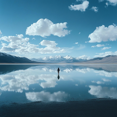 湖水映雪山行者独步