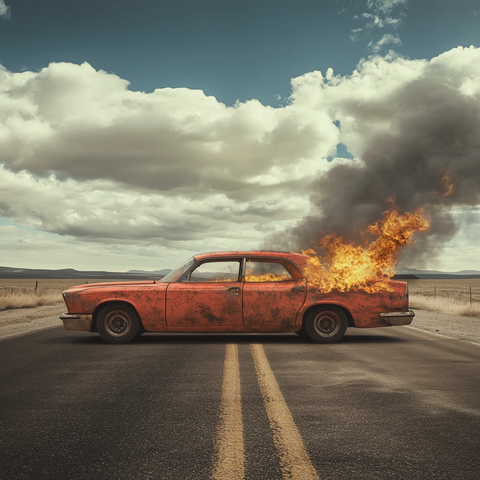 燃烧的红色汽车荒路