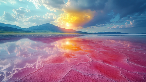 盐湖绿植山脉倒影