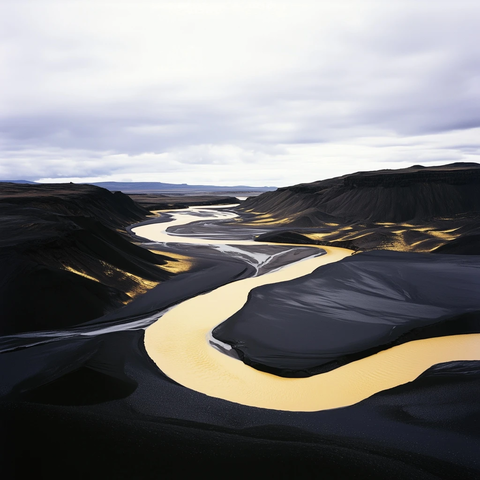金色河流穿越黑色火山地貌