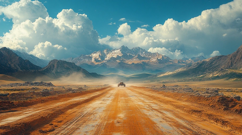 山野间行进的工程车辆