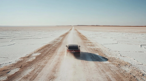 汽车驶过盐湖盐滩与盐沼