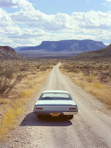 公路上的复古车与海报