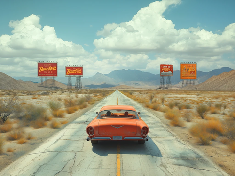 橙色公路好莱坞广告牌复古玩具车