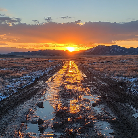 空旷土路朝阳映照