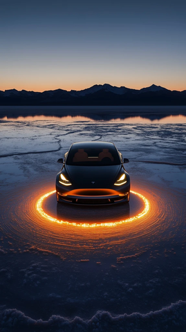 特斯拉盐湖夜色车灯水纹