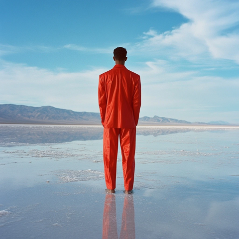 红色宽松套装男子盐湖站立