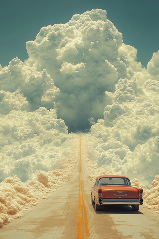 红色汽车驶向云端之路