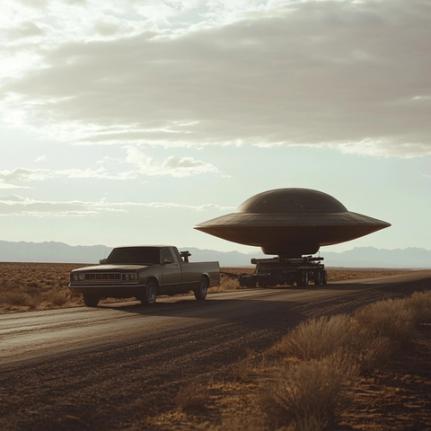 皮卡拖曳飞碟荒漠路