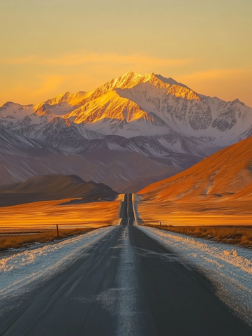 雪山日落盐路延绵