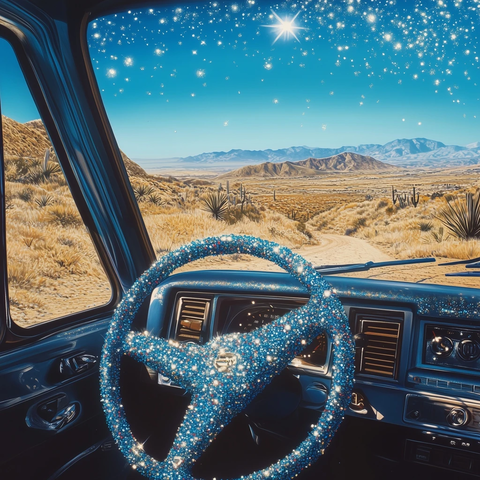 闪亮蓝纹方向盘与沙漠风光