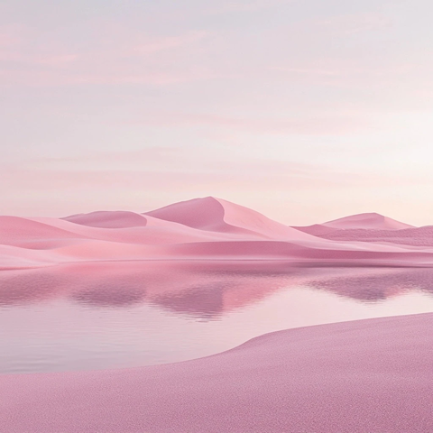 粉沙丘与粉湖泊晚霞