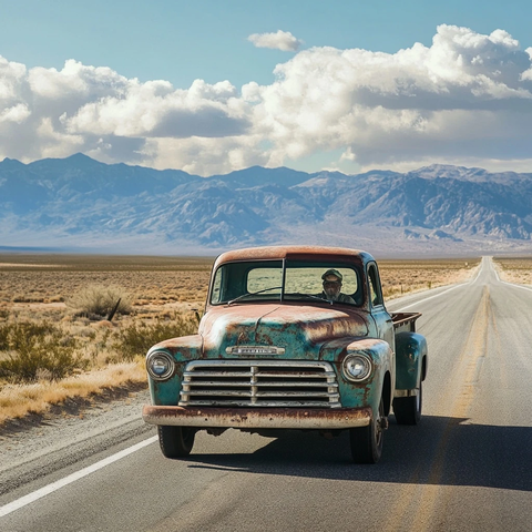 农夫驾驶旧货车行驶沙漠公路