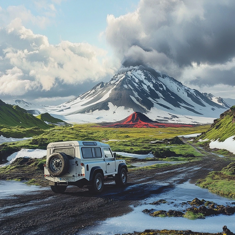 火山雪地冰岛景观与火山车