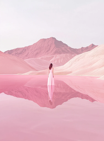粉色沙漠女子水面倒影