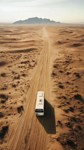 沙漠中行驶的巴士