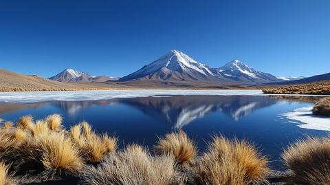 远山雪顶湖面冰封