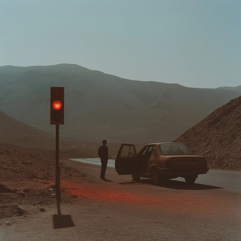 沙漠路边红绿灯与人和车