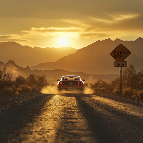 路标下飞驰的野马留下尘土